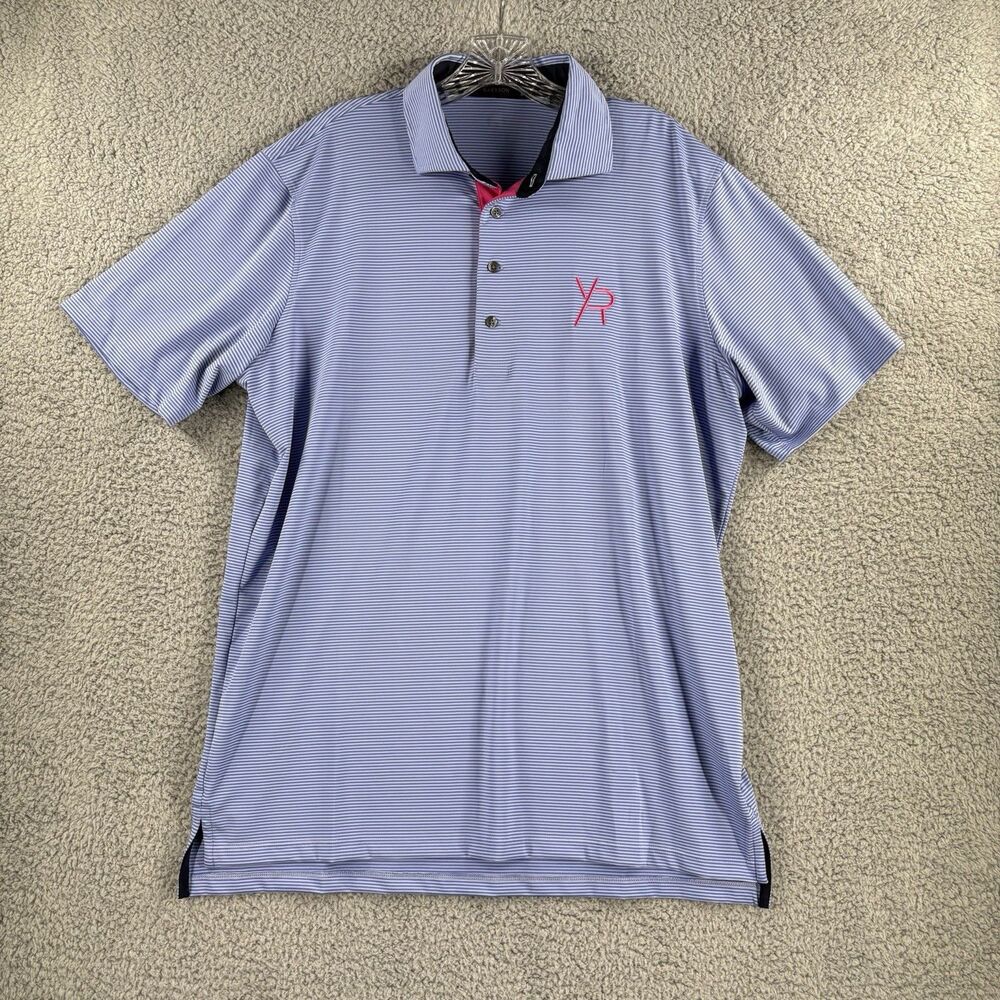 Greyson Polo Shirt Mens Large L Blue Striped Golf Stretch Performance Logo Wolf